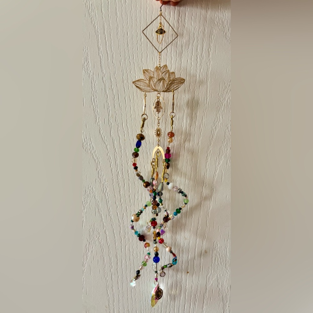 Handmade Boho Style Lotus Wire Beaded Suncatcher with Crystal Teardrop